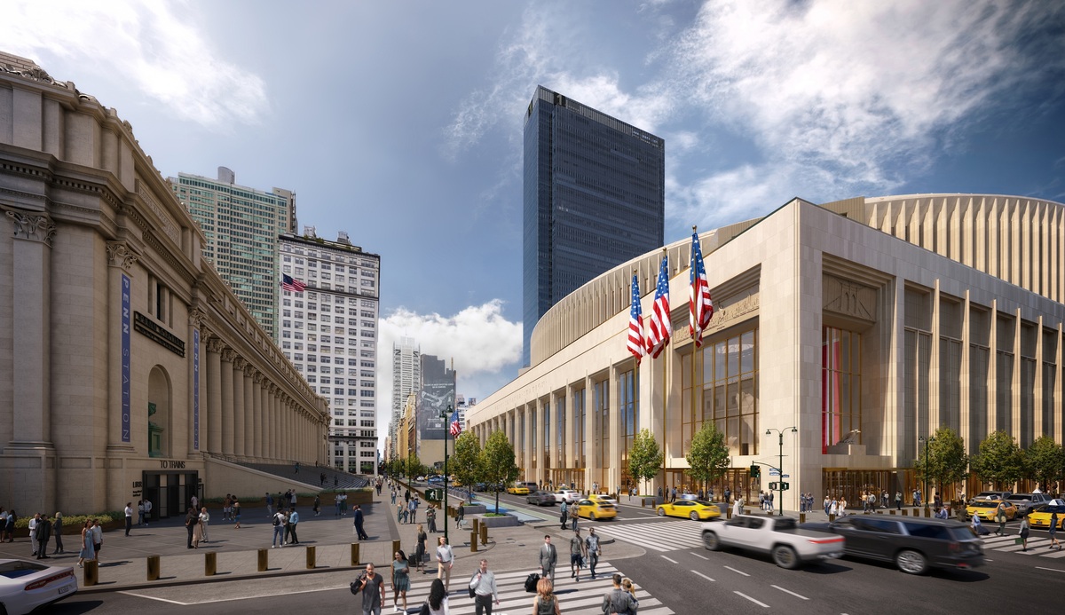  A rendering of the redesigned Penn Station, viewed from the corner of 31st Street and 8th Avenue. 