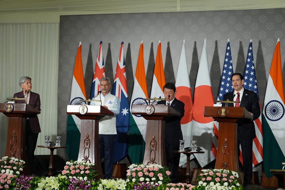 U.S. Secretary of State Marco Rubio speaks as Australian Foreign Minister Penny Wong, India’s External Affairs Minister S. Jaishankar, and Japanese Foreign Minister Toshimitsu Motegi listen following a Quad ministerial meeting at Hyderabad House in New Delhi, India, Tuesday, May 26, 2026.     Julia Demaree Nikhinson/Pool via REUTERS