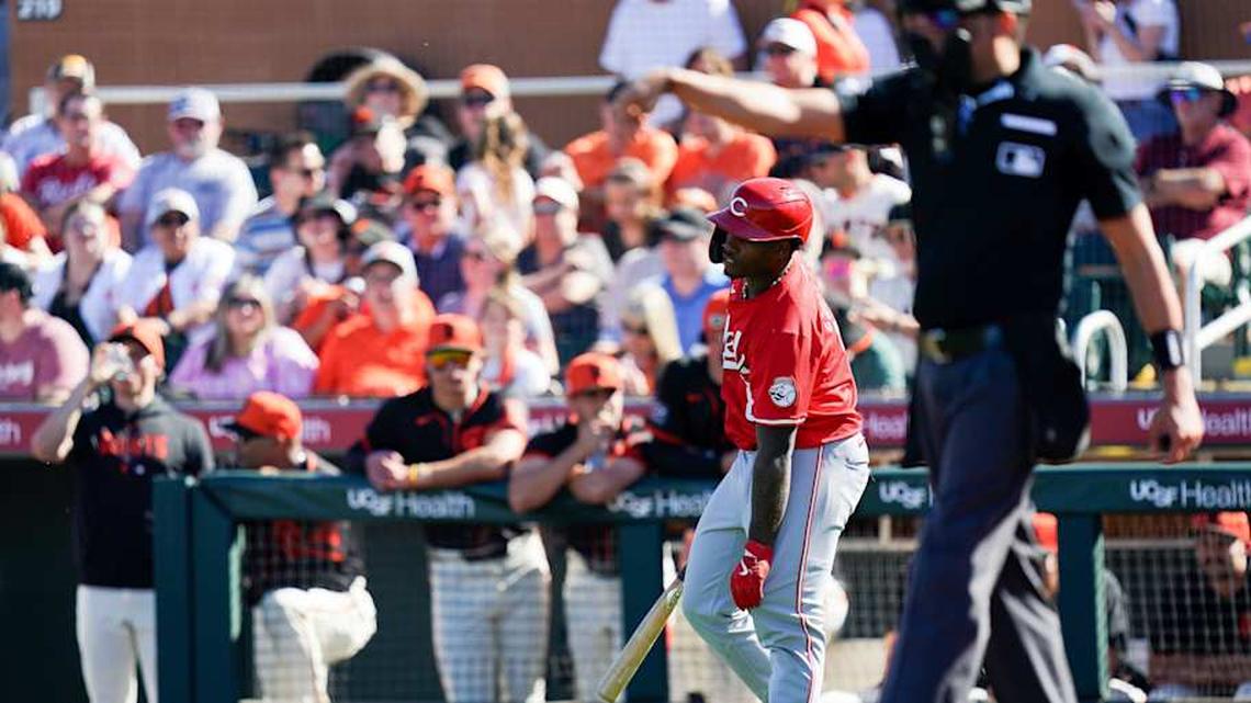  Cincinnati Reds first baseman Cam Collier reacts after getting hit with the ball in the sixth inning of a Cactus League game between the Cincinnati Reds and San Francisco Giants, Sunday, Feb. 23, 2025, at Scottsdale Stadium in Scottsdale, Ariz. Giants won 5-2. | Frank Bowen IV/The Enquirer / USA TODAY NETWORK via Imagn Images 