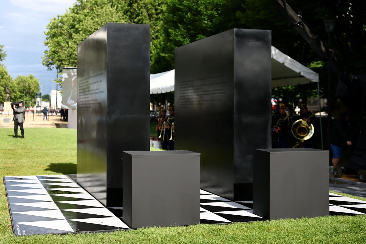 View of a double stele artwork by the artist Grada Kilomba, a new memorial site paying tribute to the victims of the Rwanda's genocide during its inauguration ceremony at the Habib-Bourgiba esplanade along the River Seine, in Paris, France, June 2, 2026. REUTERS/Sarah Meyssonnier/Pool