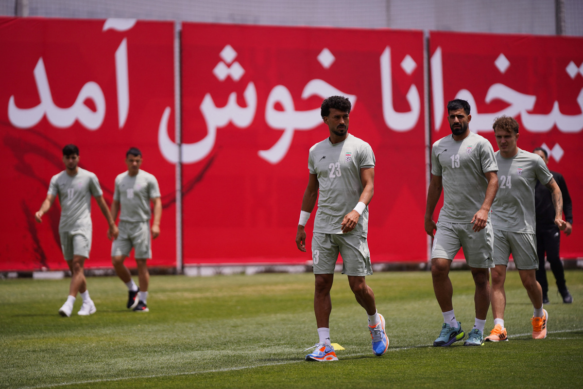 Players of Iran’s national soccer team train at the Centro Xoloitzcuintle in Tijuana, where a small Iranian community reflects broader political divisions within the diaspora ahead of the team’s World Cup campaign, in Tijuana, Mexico, June 11, 2026. REUTERS/Victor Medina