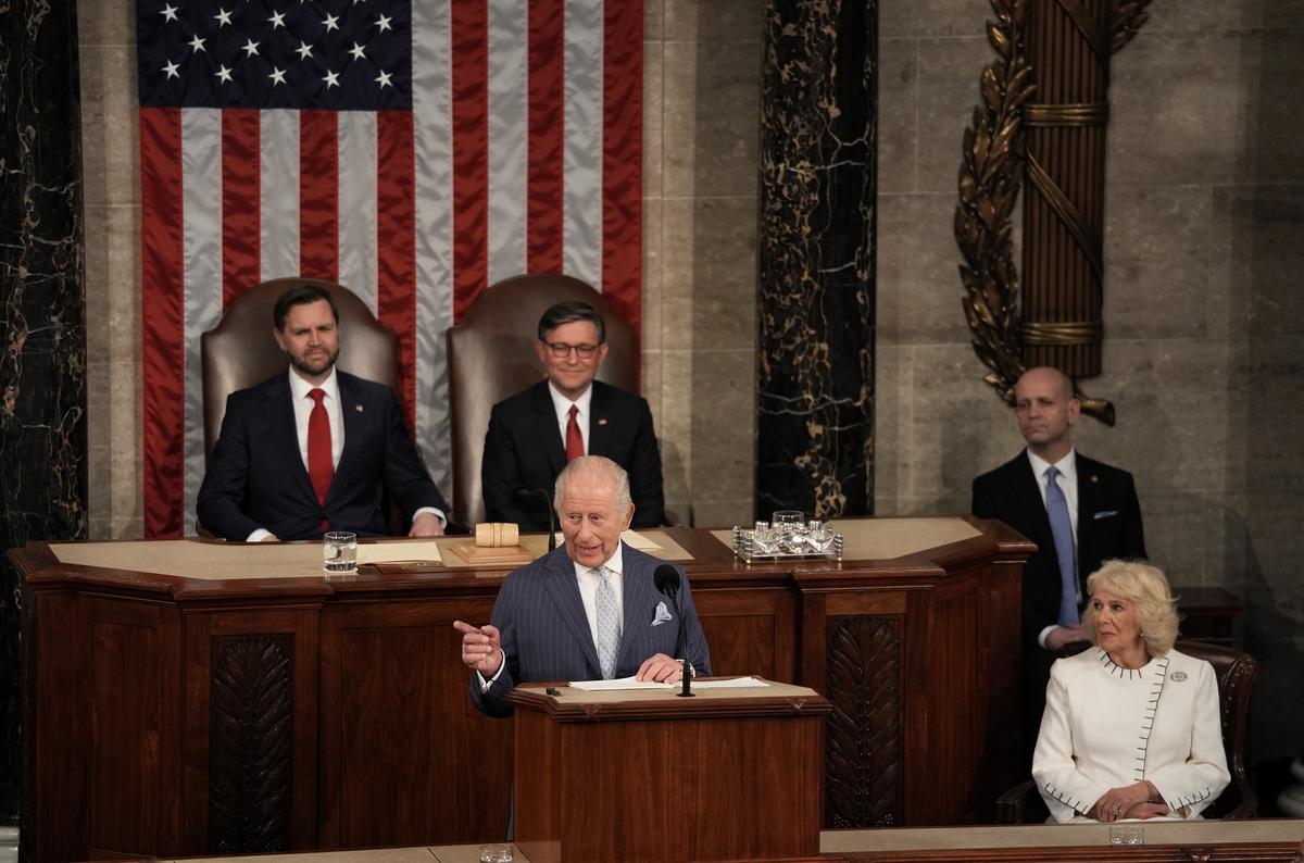 King Charles III, with Queen Camilla seated to his right, addresses a joint meeting of Congress in honor of the 250th anniversary of American independence at the Capitol in Washington, on Tuesday, April 28, 2026. (Salwan Georges/The New York Times)