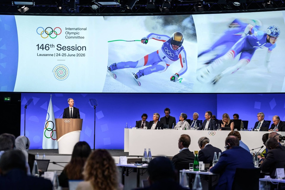  President of the Organizing Committee for the Alpes 2030 Winter Olympics Edgar Grospiron speaks during an extraordinary session of the International Olympic Committee (IOC) in Lausanne on June 25, 2026.