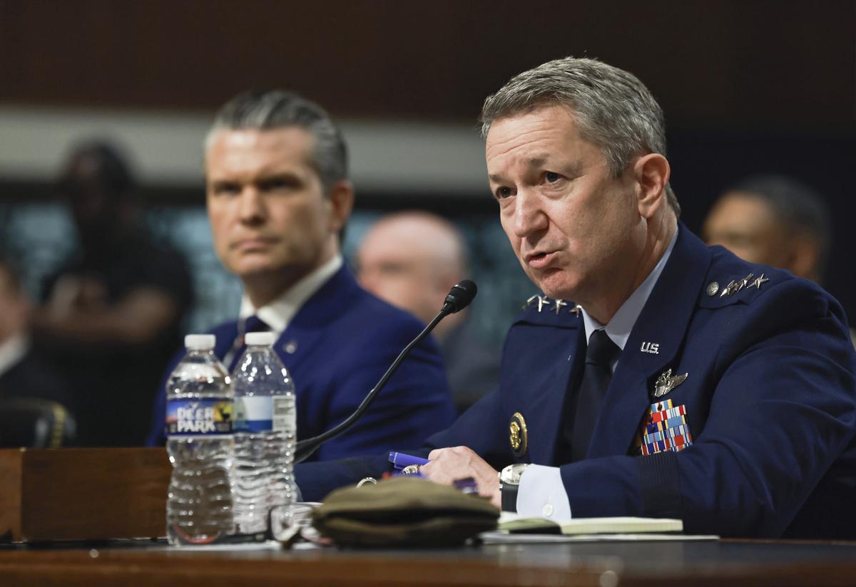 Secretary of Defense Pete Hegseth, left, and Gen. Dan Caine, chairman of the Joint Chiefs of Staff, testify during a Senate Armed Services Committee hearing on the department's budget request on Capitol Hill in Washington, on Thursday, April 30, 2026. (Anna Rose Layden/The New York Times)