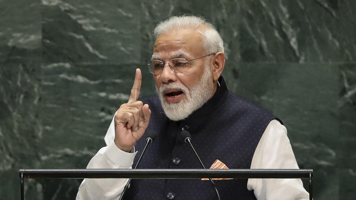 In this photo from September 27, 2019, Prime Minister of India Narendra Modi addresses the United Nations General Assembly at UN headquarters in New York City. (Drew Angerer/Getty Images/TNS)