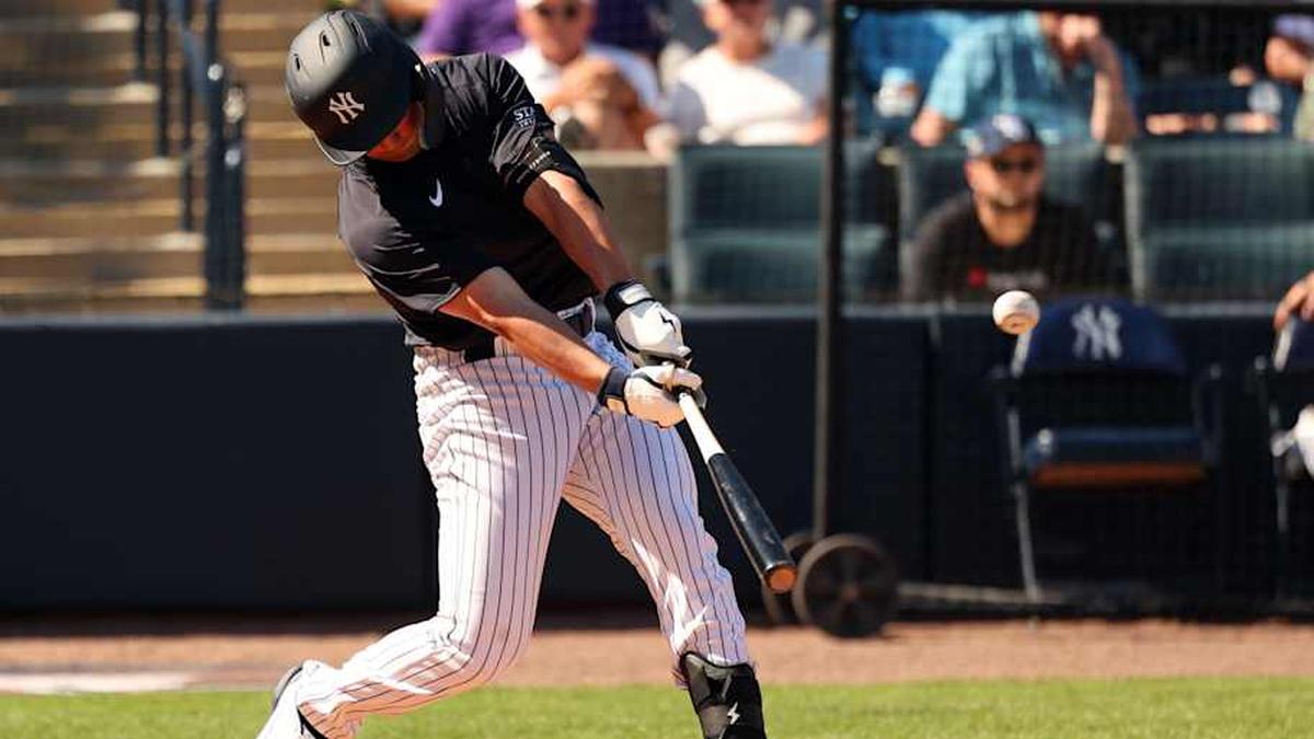  Feb 26, 2024; Tampa, Florida, USA; New York Yankees outfielder Jace Avina (33) hits a RBI double during the fifth inning against the Minnesota Twins at George M. Steinbrenner Field. | Kim Klement Neitzel-Imagn Images 