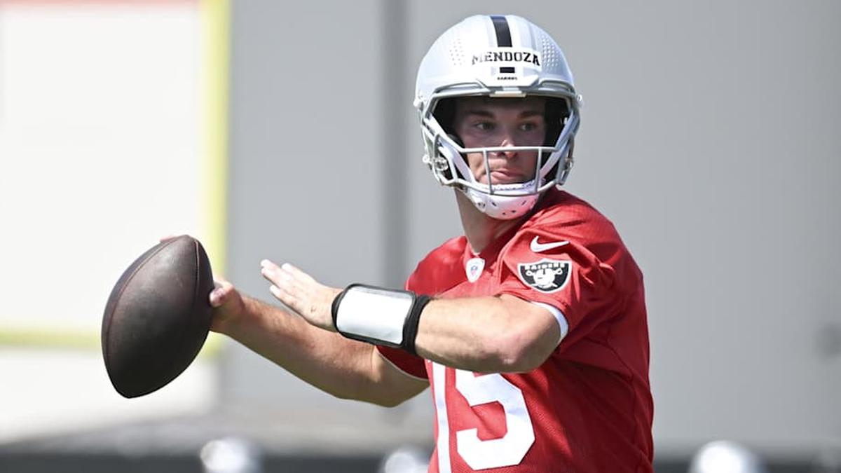  May 2, 2026; Henderson, NV, USA; Las Vegas Raiders quarterback Fernando Mendoza (15) runs through a drill during a Rookie Minicamp at Intermountain Health Performance Center. Mandatory Credit: Candice Ward-Imagn Images | Candice Ward-Imagn Images 