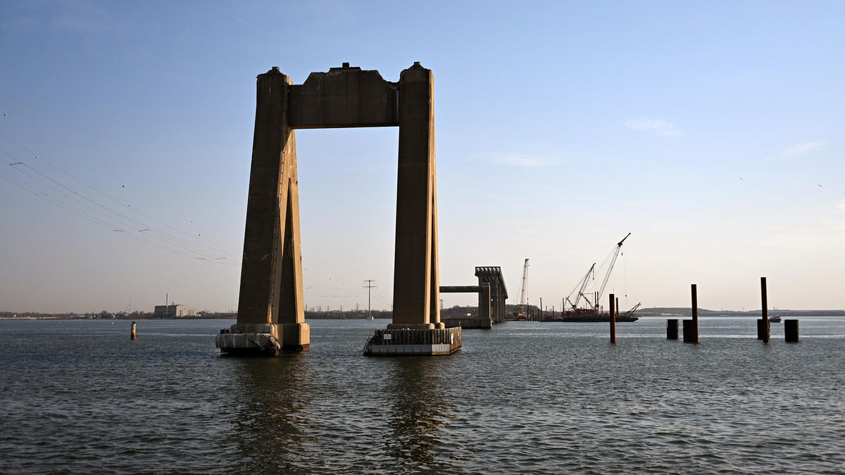 Two years after the collapse of the Francis Scott Key Bridge, a pier bridge is still visible as rebuilding continues on March 26, 2026, in Baltimore. (Kim Hairston/Baltimore Sun/TNS)