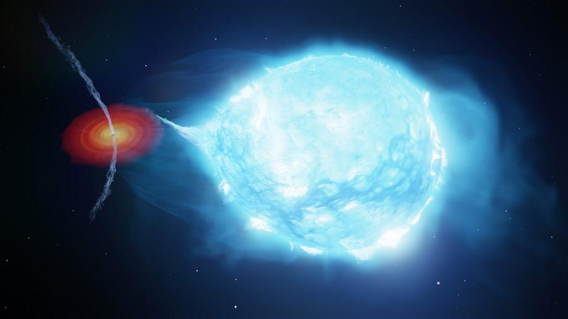  Artist's impression of the Cygnus X-1 binary system, showing how the wind of the supergiant star bends the black hole's jets away from the star as the objects move in their orbit around one another. (ICRAR via SWNS) 