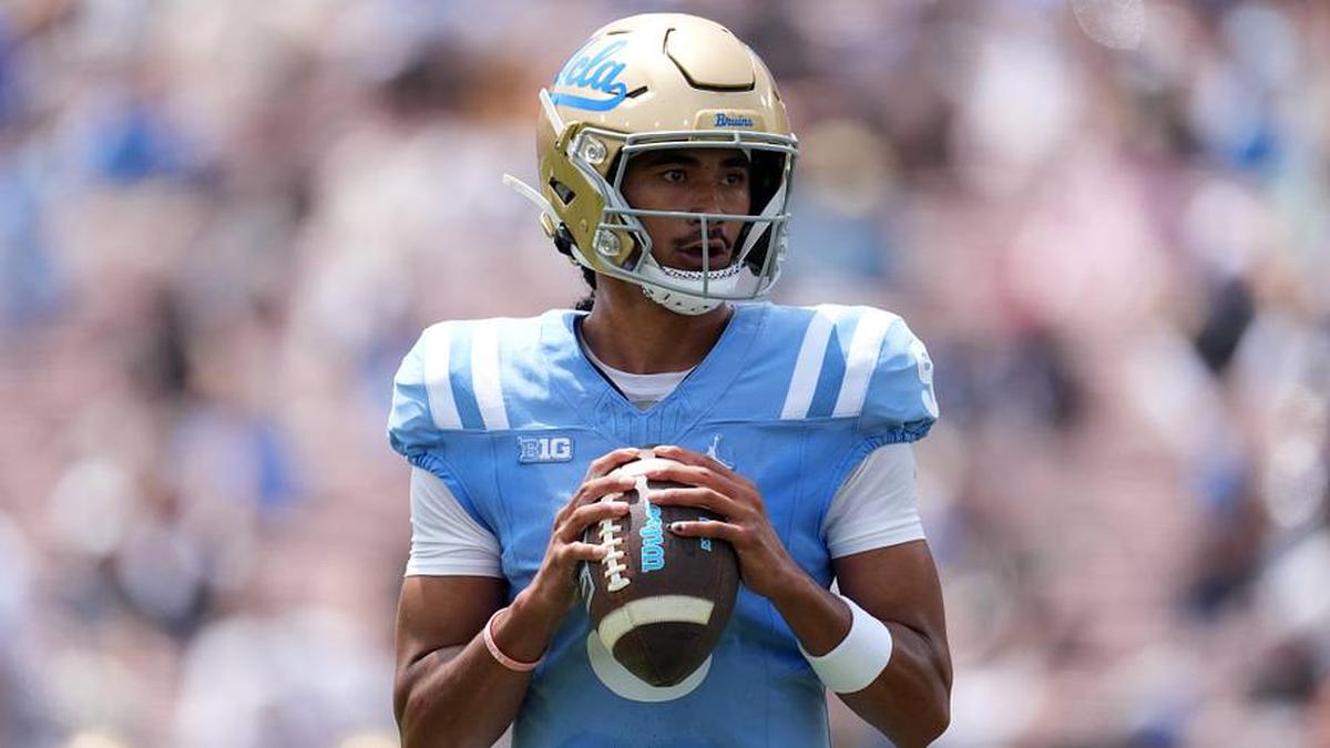  May 2, 2026; Pasadena, CA, USA; UCLA Bruins quarterback Nico Iamaleava (9) throws the ball during the spring game at Rose Bowl. Mandatory Credit: Kirby Lee-Imagn Images | Kirby Lee-Imagn Images 