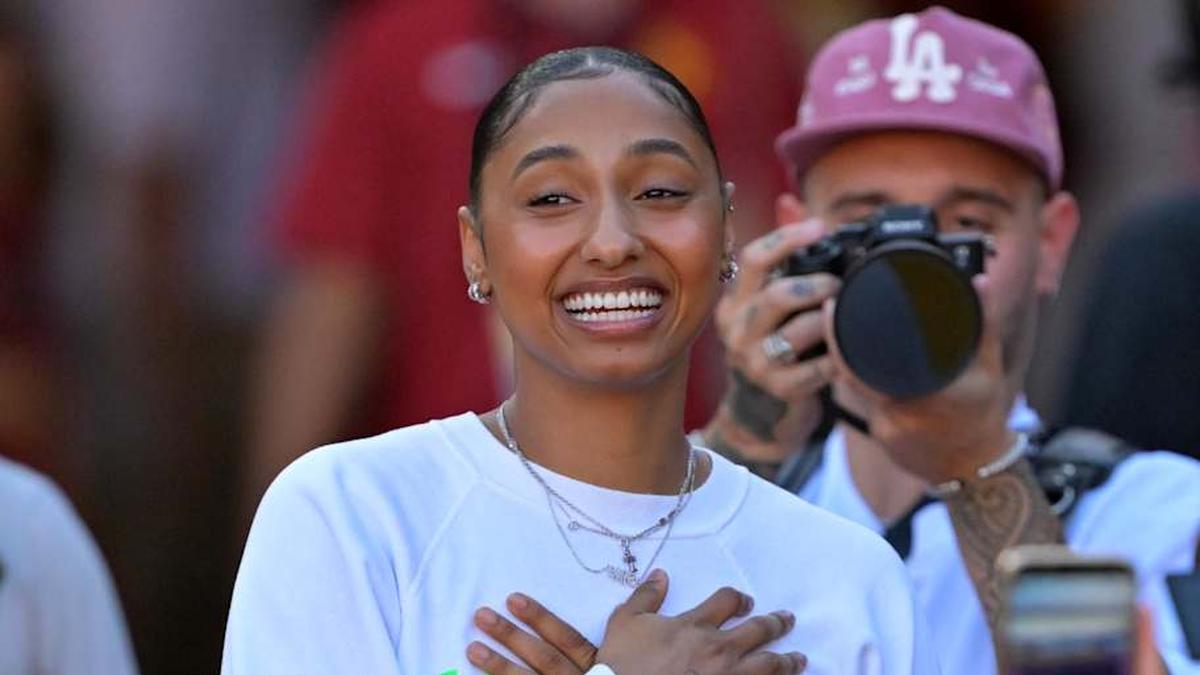  Oct 11, 2025; Los Angeles, California, USA; USC Trojans basketball player JuJu Watkins was on hand as she was named the tunnel captain the the game against the Michigan Wolverines at United Airlines Field at the Los Angeles Memorial Coliseum. | Jayne Kamin-Oncea-Imagn Images 