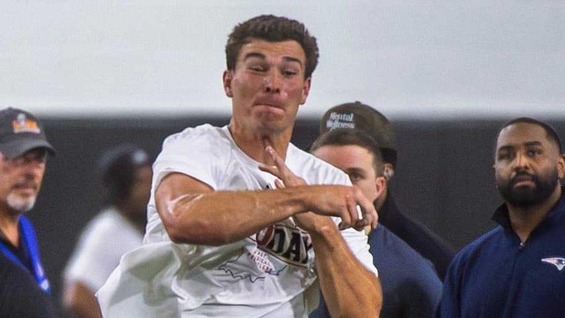  Fernando Mendoza participates in Indiana University's Pro Day at Mellencamp Pavilion on Wednesday, April 1, 2026. | Rich Janzaruk/Herald-Times / USA TODAY NETWORK via Imagn Images 