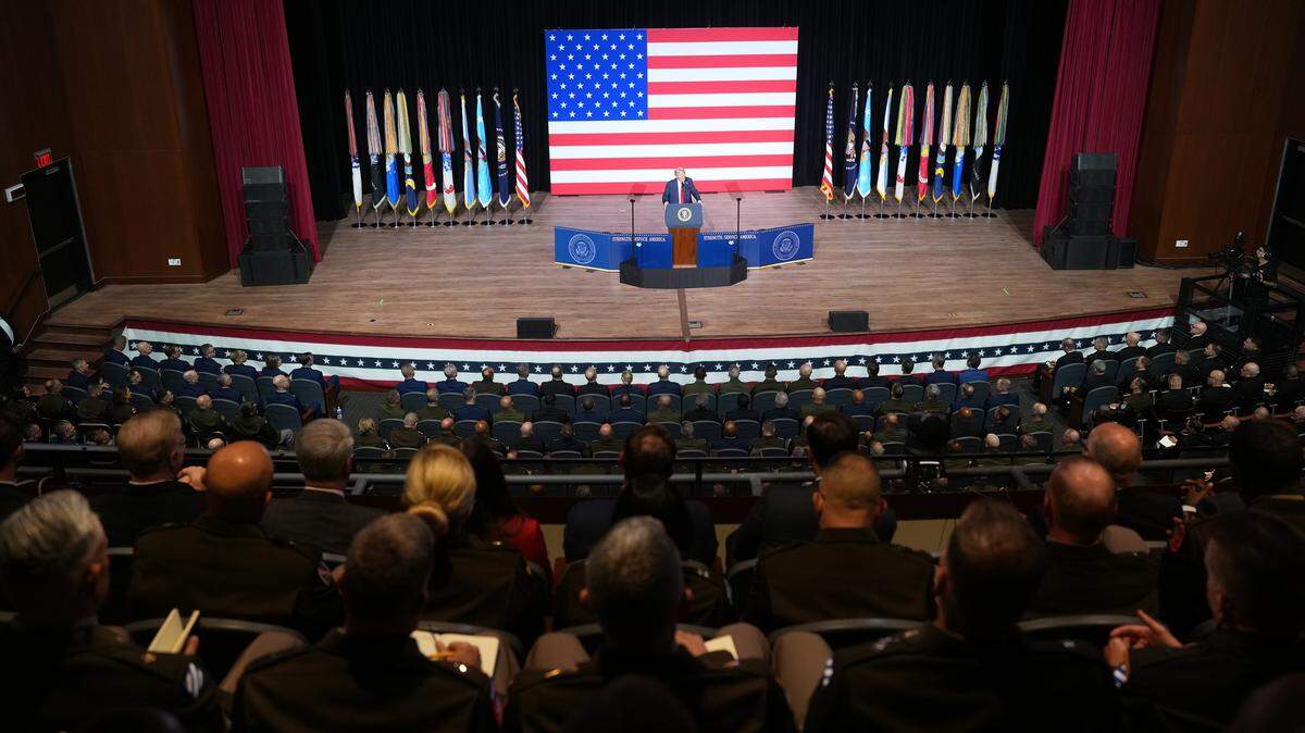 President Donald Trump addresses hundreds of American generals and admirals summoned to the Marine Corps base in Quantico, Va., on Tuesday morning, Sept. 30, 2025.