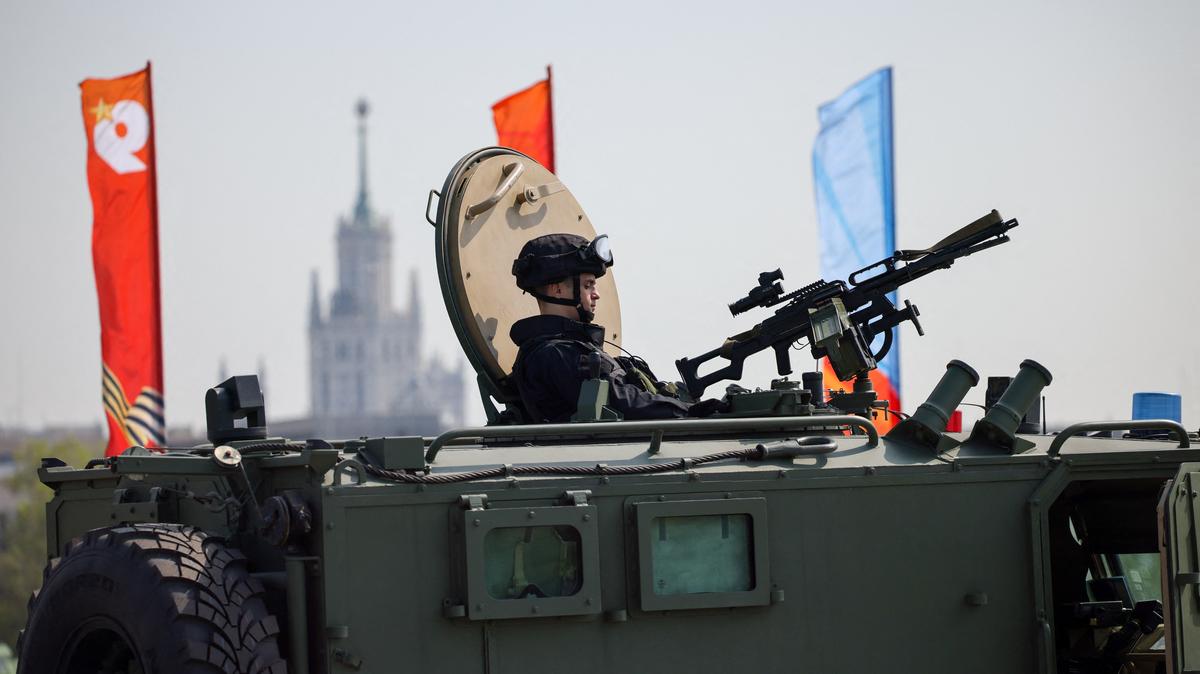A Russian security officer remains atop an all-terrain infantry mobility vehicle amid increased security measures taken ahead of Victory Day, marking the anniversary of victory over Nazi Germany in World War Two, in central Moscow, Russia, May 7, 2026. REUTERS/Stringer