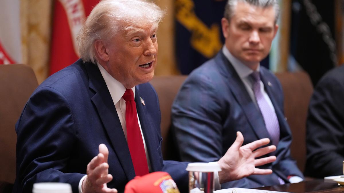 Trump. President Donald Trump speaks during a Cabinet meeting at the White House, Wednesday, May 27, 2026, in Washington, as Secretary of Defense Pete Hegseth, looks on. (AP Photo/Jacquelyn Martin)