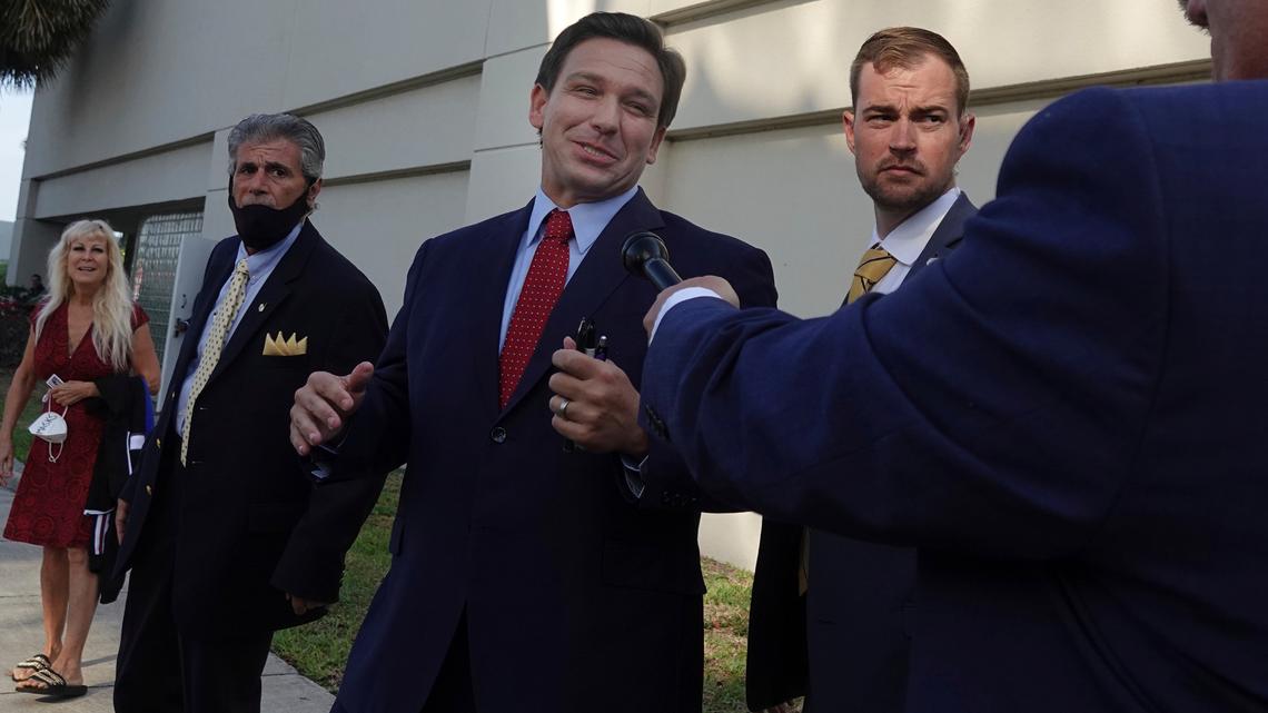 File photo of Florida Gov. Ron DeSantis on May 6 in West Palm Beach after he signed a sweeping elections bill into law that he and other Republicans said would place guardrails against fraud, even though there were no signs of voter irregularities in the November presidential election.