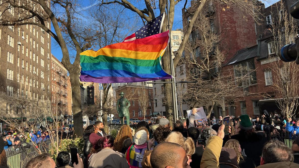 A pride flag is raised at the Stonewall National Monument in Manhattan on Thursday, Feb. 12, 2026, in New York. (Barry Williams/New York Daily News/TNS)