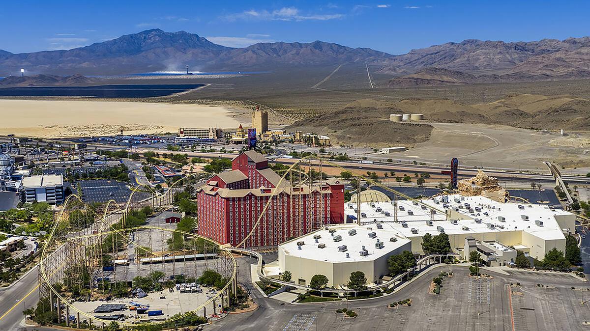 The rear of the shuttered Buffalo Bill's off of the I-15 northbound with the shuttered Whiskey Pete's southbound on Wednesday, May 13, 2026, in Primm, Nevada. (L.E. Baskow/Las Vegas Review-Journal/TNS)