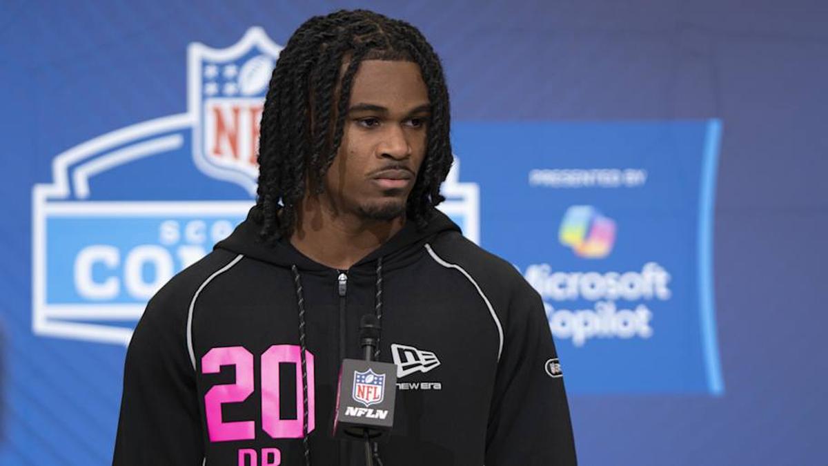  Feb 26, 2026; Indianapolis, IN, USA; Tennessee defensive back Jermod McCoy (DB20) speaks to media members during the NFL Combine at the Indiana Convention Center. Mandatory Credit: Jacob Musselman-Imagn Images | Jacob Musselman-Imagn Images 