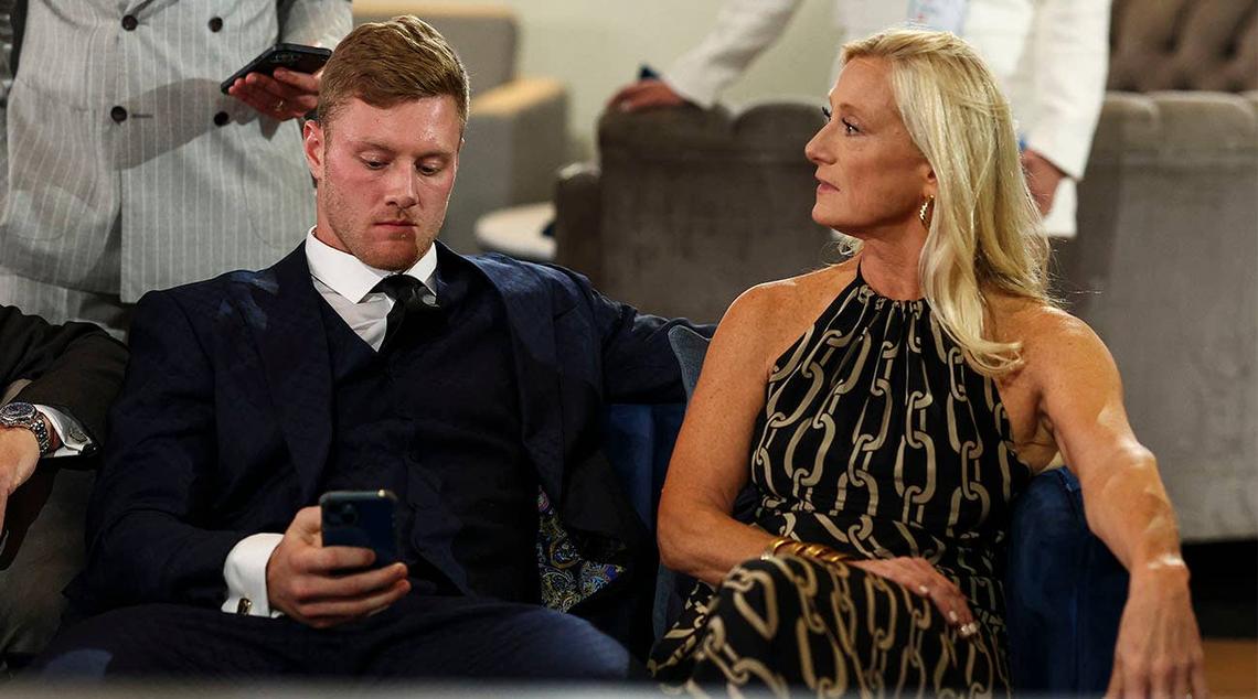  Will Levis waits to be drafted in the green room backstage during the first round of the 2023 NFL Draft at Union Station in Kansas City, Missouri. (Credit: Kevin Sabitus/Getty Images) 