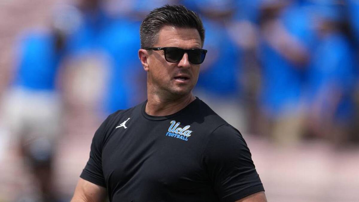  May 2, 2026; Pasadena, CA, USA; UCLA Bruins coach Bob Chesney reacts during the spring game at Rose Bowl. Mandatory Credit: Kirby Lee-Imagn Images | Kirby Lee-Imagn Images 