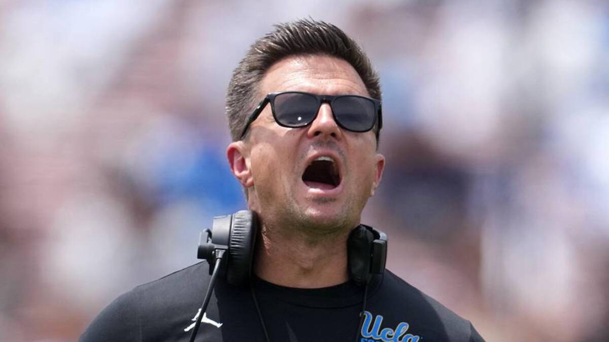  May 2, 2026; Pasadena, CA, USA; UCLA Bruins coach Bob Chesney reacts during the spring game at Rose Bowl. Mandatory Credit: Kirby Lee-Imagn Images | Kirby Lee-Imagn Images 