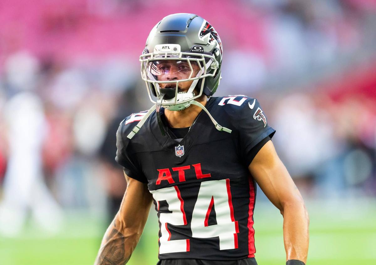  Dec 21, 2025; Glendale, Arizona, USA; Atlanta Falcons cornerback A.J. Terrell Jr. (24) against the Arizona Cardinals at State Farm Stadium. Mandatory Credit: Mark J. Rebilas-Imagn Images 