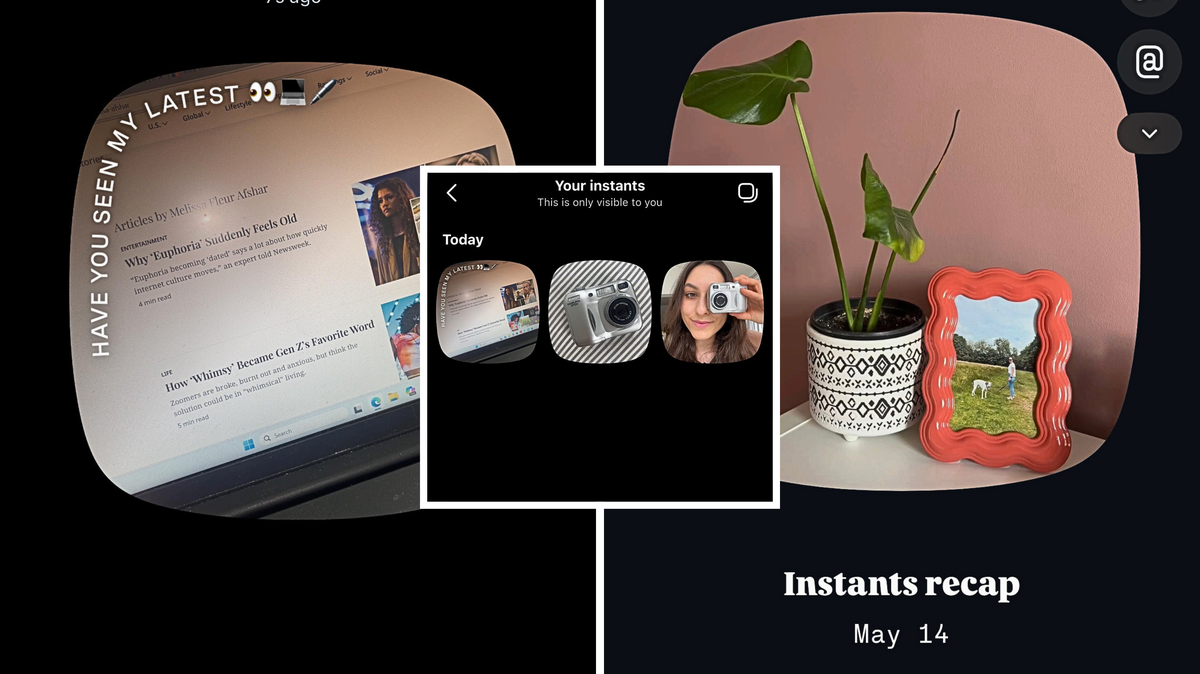 Screengrabs from Instagram's Instant feature show a laptop screen (L); saved images and a pot next to a framed photograph. 