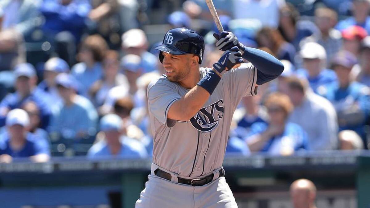  Apr 9, 2014; Kansas City, MO, USA; Tampa Rays first basemen James Loney (21) at bat against the Kansas City Royals during the first inning at Kauffman Stadium. | IMAGN IMAGES via Reuters Connect 