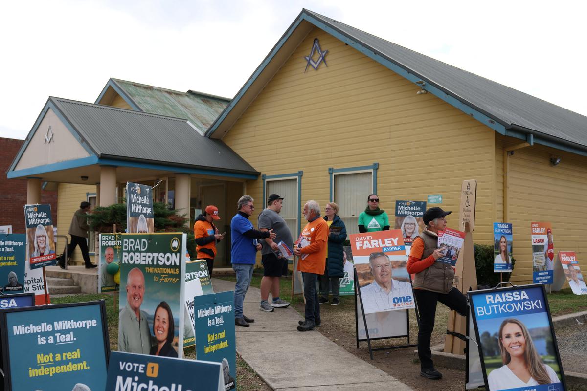 Campaign signs are displayed outside a pre-polling centre ahead of the Farrer by-election in Albury, Australia, May 6, 2026. REUTERS/Hollie Adams