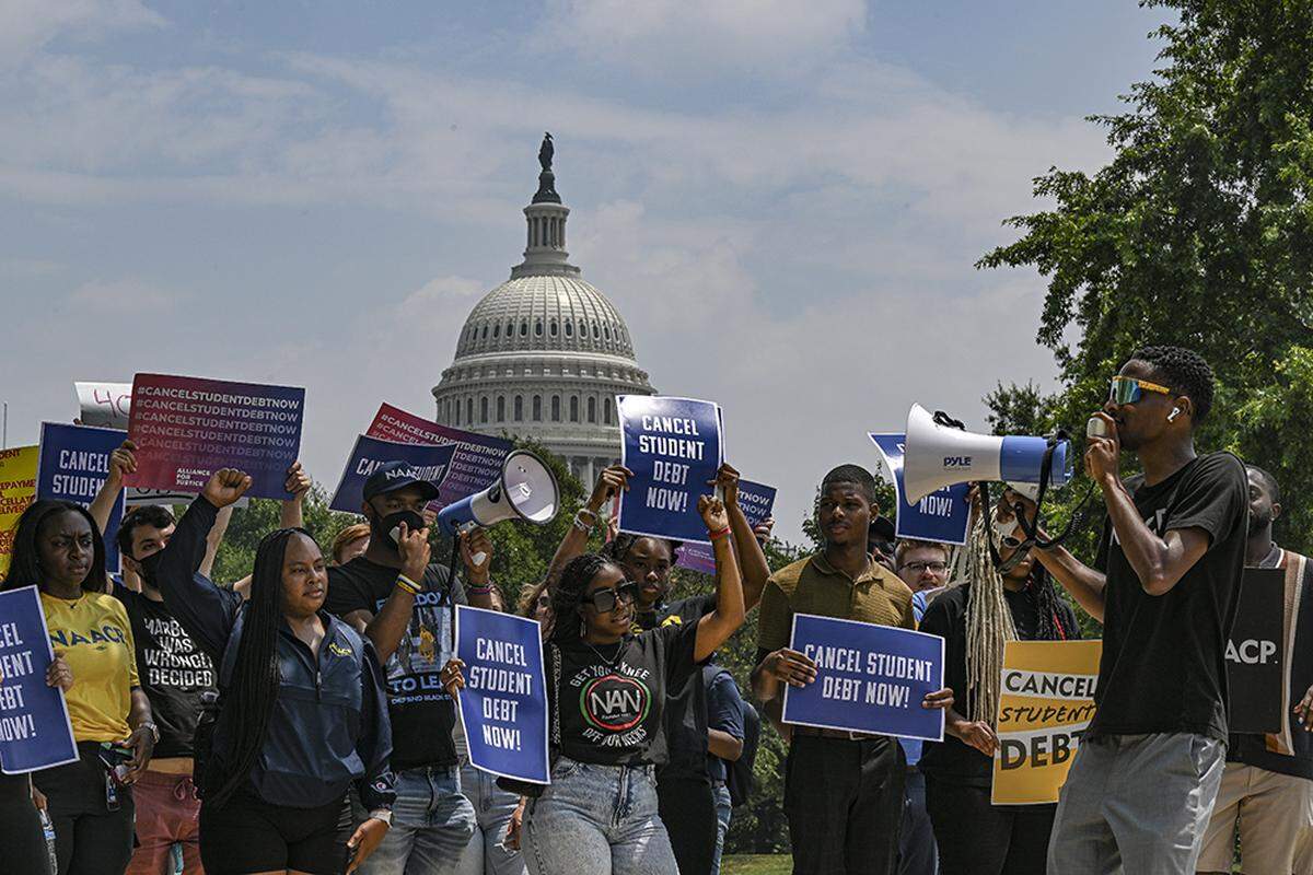 Demonstrators calling for the cancelation of student debt protest in Washington on June 30, 2023. California has the highest total student debt in the United States, according to a new study by The Kaplan Group.