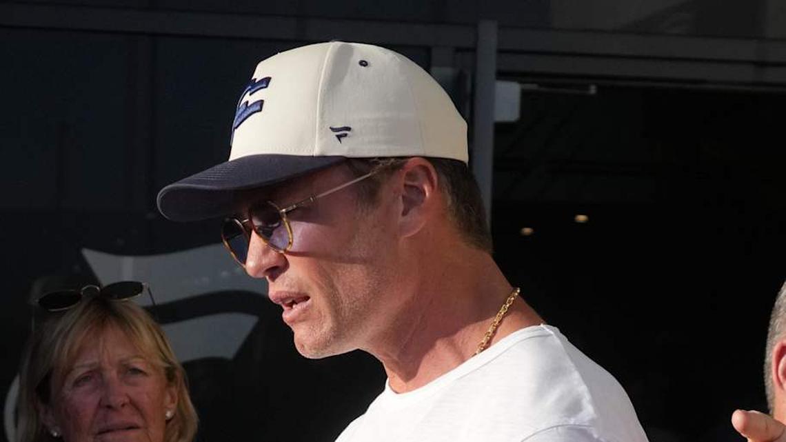  Mar 21, 2026; Los Angeles, CA, USA; Founders FFC quarterback Tom Brady (12) talks with fans during the Fanatics Flag Football Classic at BMO stadium. Mandatory Credit: Kirby Lee-Imagn Images | Kirby Lee-Imagn Images 