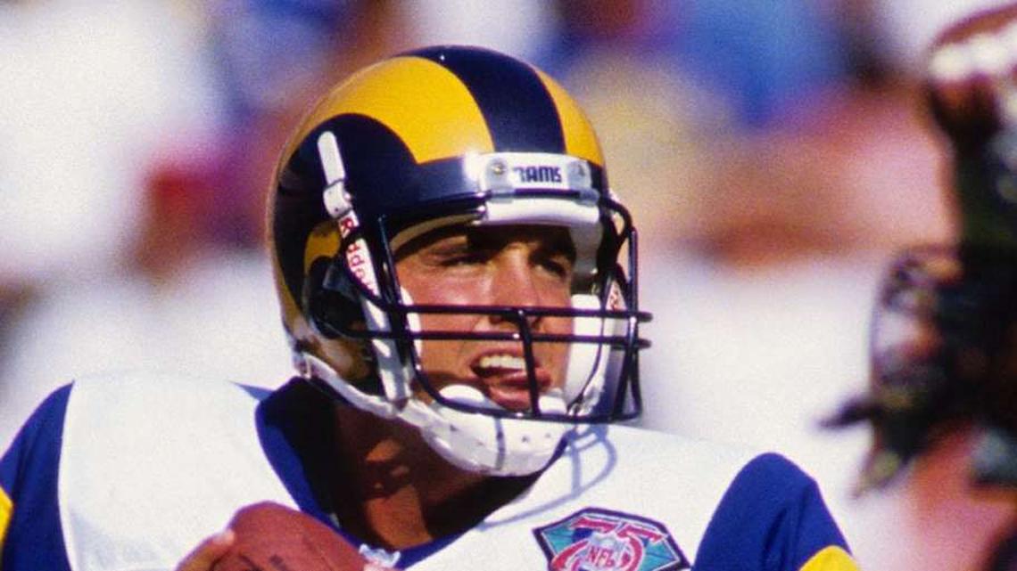  Oct 2, 1994; Anaheim, CA, USA; FILE PHOTO; Los Angeles Rams quarterback Tommy Maddox (8) in action against the Atlanta Falcons at Anaheim Stadium. Mandatory Credit: Peter Brouillet-USA TODAY NETWORK | Peter Brouillet-Imagn Images 