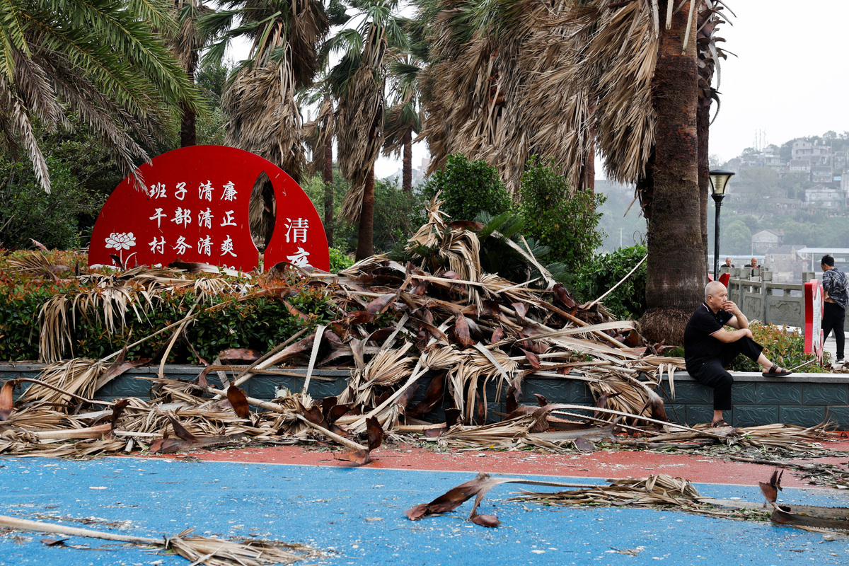 A person sits beside fallen palm leaves after Typhoon Bavi passed through the coastal village of Diaocaocun, Taizhou, Zhejiang province, China, July 12, 2026. REUTERS/Go Nakamura