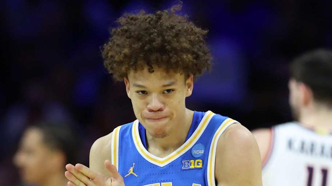  Mar 22, 2026; Philadelphia, PA, USA; UCLA Bruins guard Trent Perry (0) reacts against the UConn Huskies in the first half during a second round game of the men's 2026 NCAA Tournament at Xfinity Mobile Arena. Mandatory Credit: Bill Streicher-Imagn Images | Bill Streicher-Imagn Images 