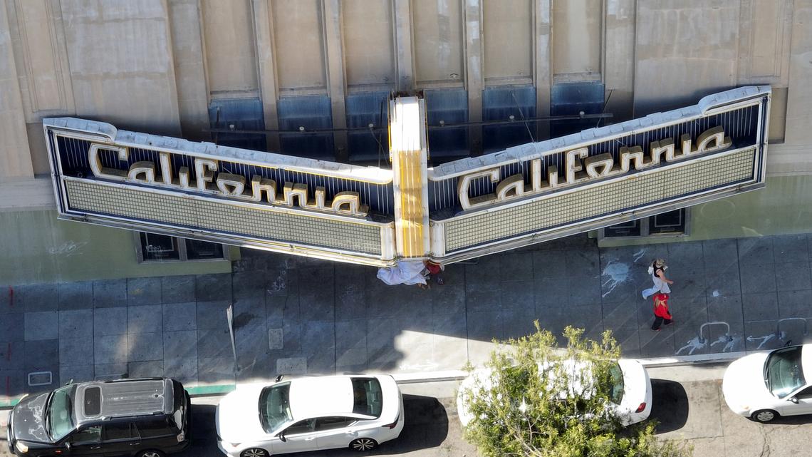 A drone view of the historic California Theatre on Kittredge Street in Berkeley, Calif., on Tuesday, June 11,2024. Developers plan to construct an 18-story apartment building where the the theater currently sits while also renovating the entertainment space. (Jane Tyska/Bay Area News Group)