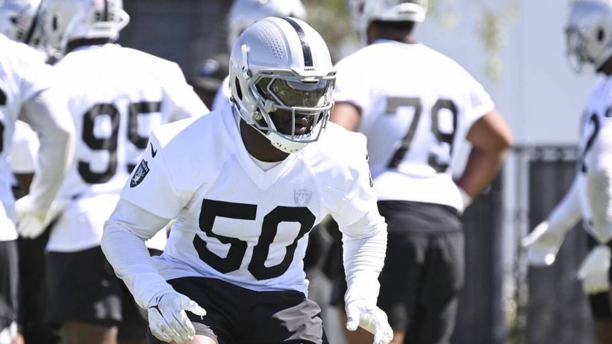  May 28, 2026; Henderson, NV, USA; Las Vegas Raiders linebacker Segun Olubi (50) during organized team activities at Intermountain Health Performance Center. Mandatory Credit: Candice Ward-Imagn Images | Candice Ward-Imagn Images 