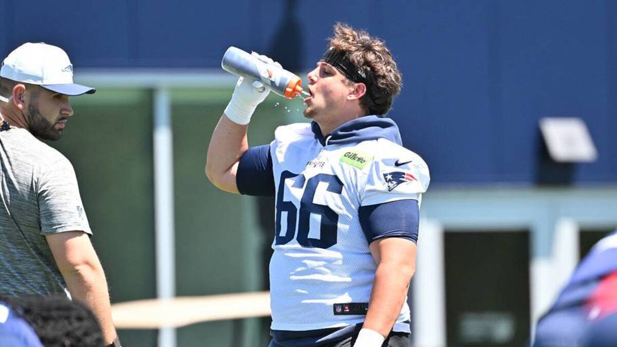  Jun 9, 2026; Foxborough, MA, USA; New England Patriots offensive tackle Will Campbell (66) gets a drink during minicamp at Gillette Stadium. Mandatory Credit: Eric Canha-Imagn Images | IMAGN IMAGES via Reuters Connect 