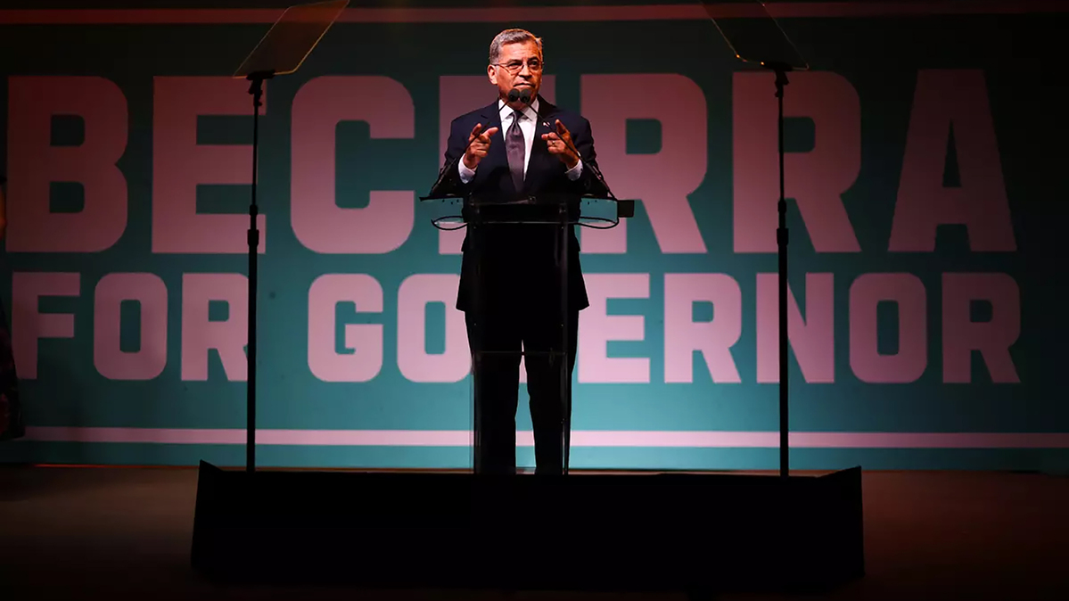 Xavier Becerra speaks during an election night event in downtown Los Angeles on Tuesday, June 2, 2026. (Eric Thayer/Los Angeles Times/TNS)