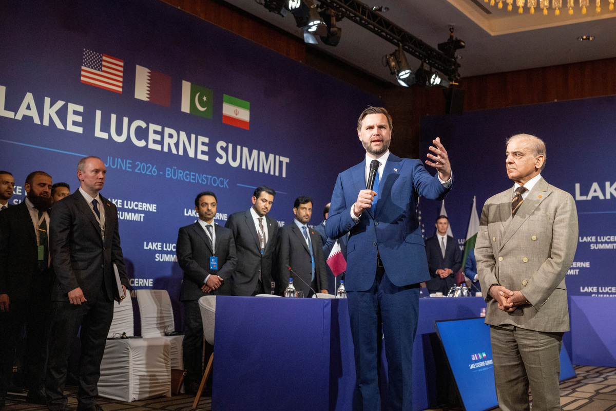 U.S. Vice-President JD Vance and Prime Minister of Pakistan Shehbaz Sharif at the Lake Lucerne Summit at the Buergenstock resort in Obbuergen, near Lucerne, Switzerland, Sunday, June 21, 2026.     URS FLUEELER/Pool via REUTERS