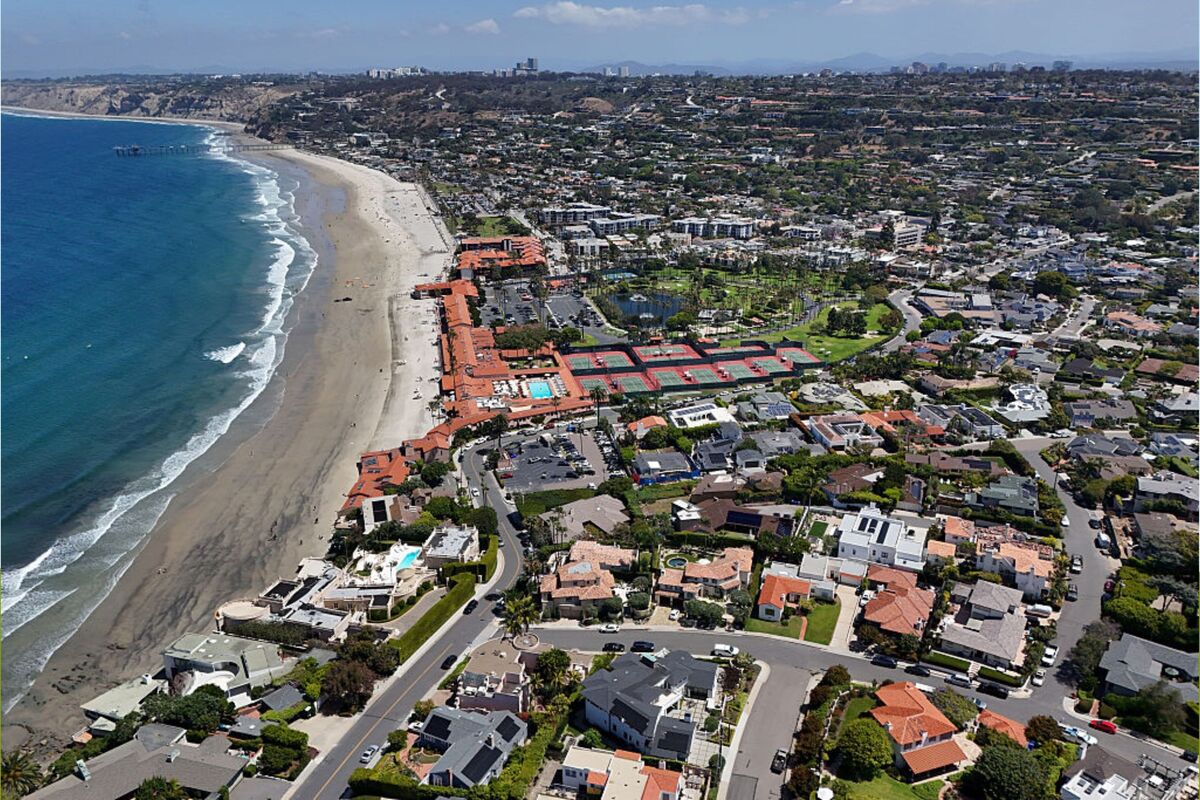  In an aerial view, luxury homes line the coast near La Jolla Shores beach on April 24, 2026, in San Diego, CA. 