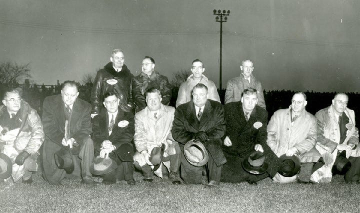 This 1946 photo was taken during the inaugural 1919 Green Bay Packers annual homecoming reunion, a tradition that began in 1928. Pictured are (front row, left to right): Herb Nichols, Sam Powers, Martin Zoll, Feryl "Fee" Klaus, Carl Zoll, Andy Muldoon, Al Petcka, Herman Martell; (back row, left to right) Wally Ladrow, Alvin Martin, Henry "Tubby" Bero and Art Schmael. Samuel "Sam or Sammy" Richard Powers Sr. was the first husband of Grace Marie Dixon Powers Martin, who owned Earl's Hideaway biker bar in Sebastian, Florida, from 1965 until she died in 1973.