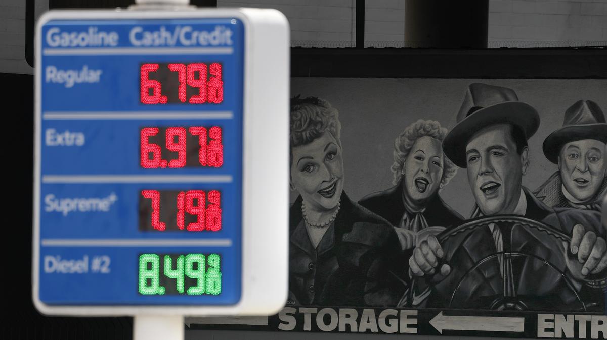 Gas prices at more than $6 a gallon are displayed at a Mobil station on May 4, 2026, in Los Angeles, California. Gas prices have surged to a national average of $4.45 a gallon, a four-year high, as tensions in the Middle East continue.