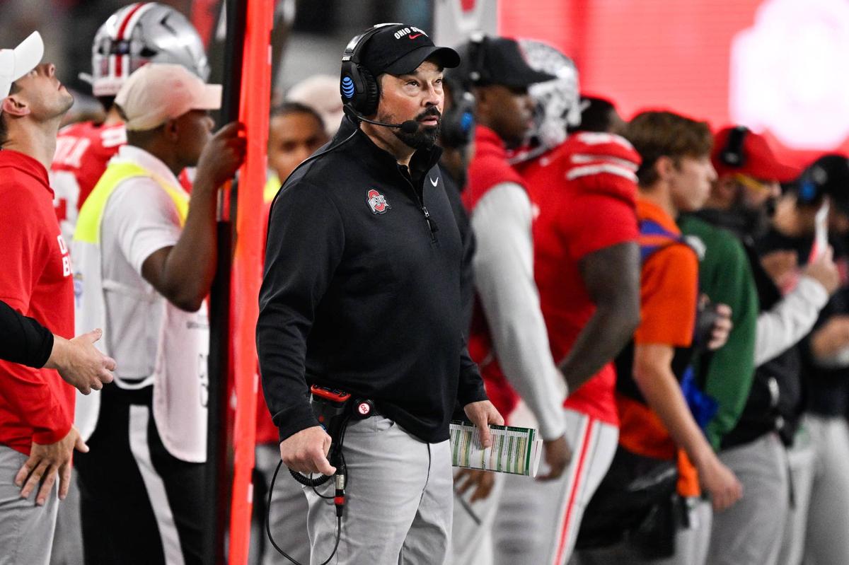  Dec 31, 2025; Arlington, TX, USA; Ohio State Buckeyes head coach Ryan Day looks on in the first quarter against the Miami Hurricanes during the 2025 Cotton Bowl and quarterfinal game of the College Football Playoff at AT&T Stadium. Mandatory Credit: Jerome Miron-Imagn Images 