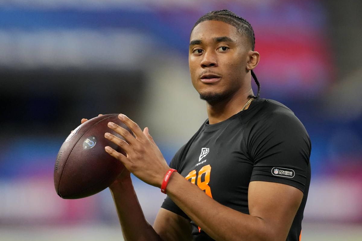  Arkansas quarterback Taylen Green (QB08) during the NFL Scouting Combine. © Kirby Lee-Imagn Images