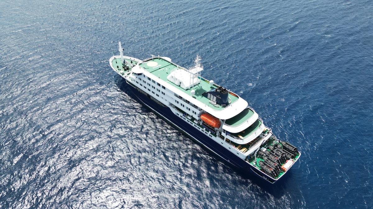 An aerial view of the cruise ship MV Hondius stationary off the port of Praia, the capital of Cape Verde, on May 4. 