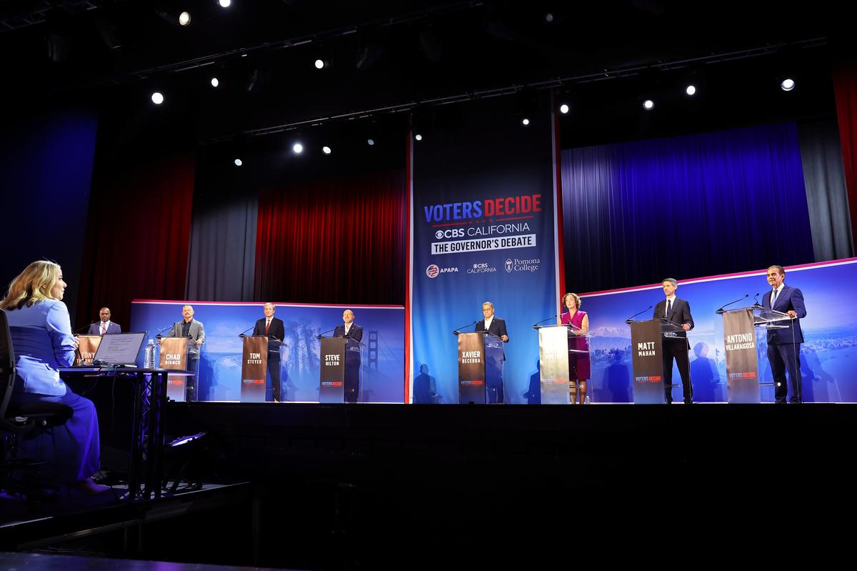  California gubernatorial candidates, from left, Tony Thurmond, Chad Bianco, Tom Steyer, Steve Hilton, Xavier Becerra, Katie Porter, Matt Mahan and Antonio Villaraigosa attend CBS’ California Gubernatorial Debate on April 28, 2026, in Claremont, California. 