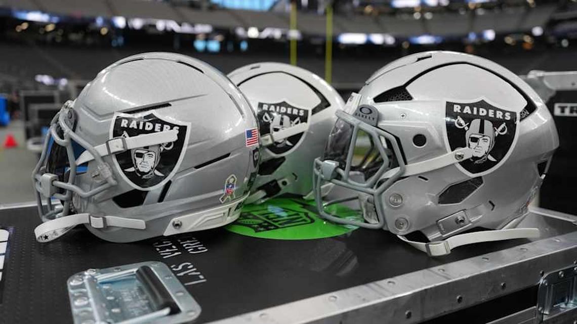  Nov 23, 2025; Paradise, Nevada, USA; Las Vegas Raiders helmets on the sidelines at Allegiant Stadium. Mandatory Credit: Kirby Lee-Imagn Images | Kirby Lee-Imagn Images 