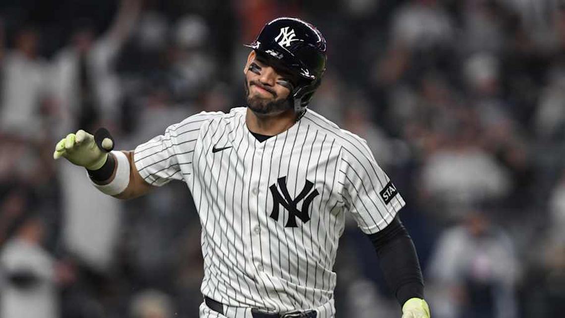  Apr 13, 2026; Bronx, New York, USA; New York Yankees shortstop Jose Caballero (72) reacts after hitting a two run home run during the second inning against the Los Angeles Angels at Yankee Stadium. Mandatory Credit: John Jones-Imagn Images | John Jones-Imagn Images 
