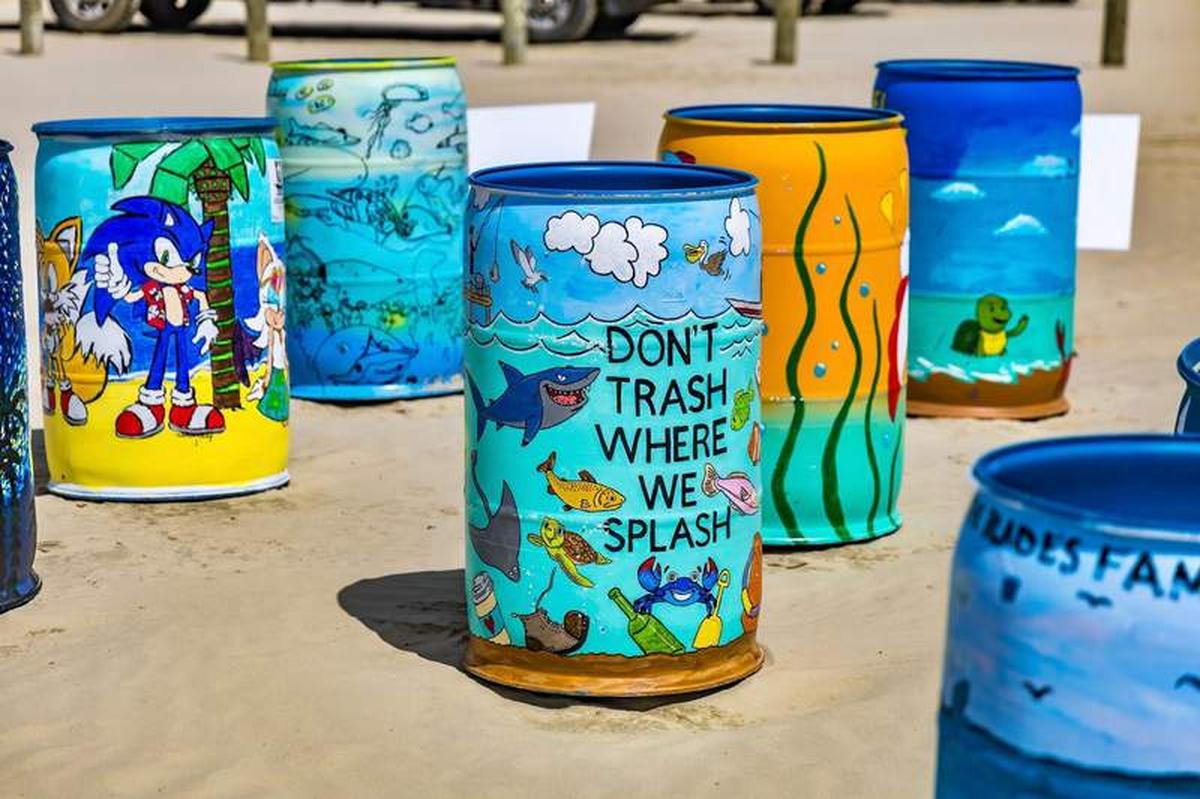  Trash cans decorated at the World Ocean Day Festival. Photo credit: Visit Galveston 